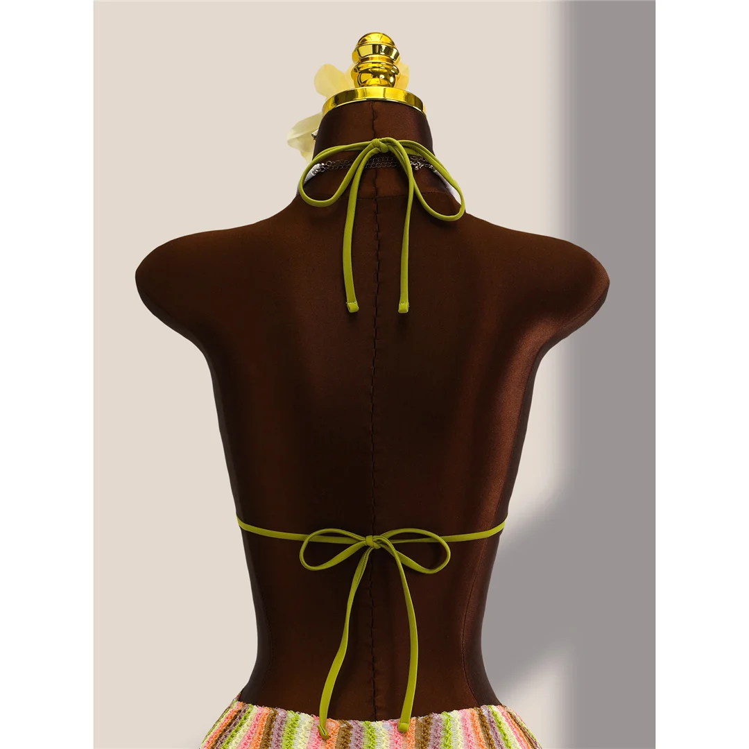 Gestreifter, farbenfroher, ausgeschnittener, einteiliger Badeanzug mit Neckholder für Damen, Monokini mit hohem Beinausschnitt, Badebekleidung, Badeanzug, Schwimmanzug V8304 – Detail 14