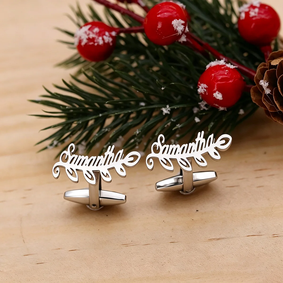 Custom Scroll Leaf Accent Script Text Cufflinks For Men Women Personalized Name Stainless Steel Cufflink Gentleman Suit Jewelry
