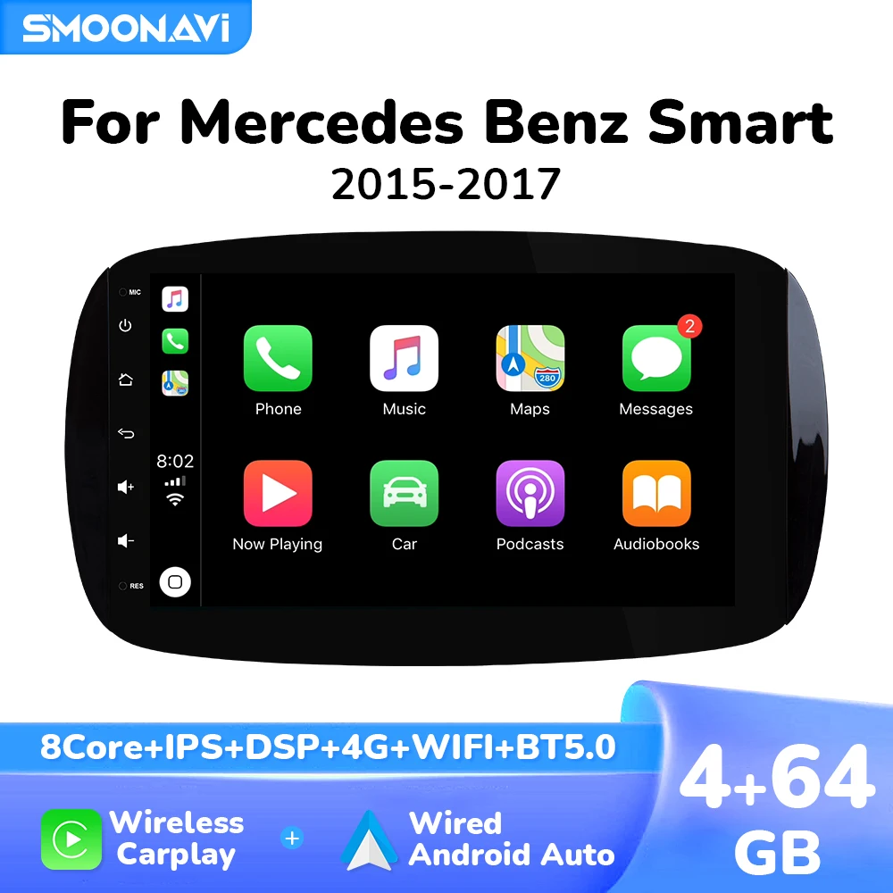 Wireless Carplay Android 12 Car Radio Multimedia For Mercedes Smart Fortwo 2015 2016 2017 GPS RDS Navigation DSP 4GB 64GB Wifi