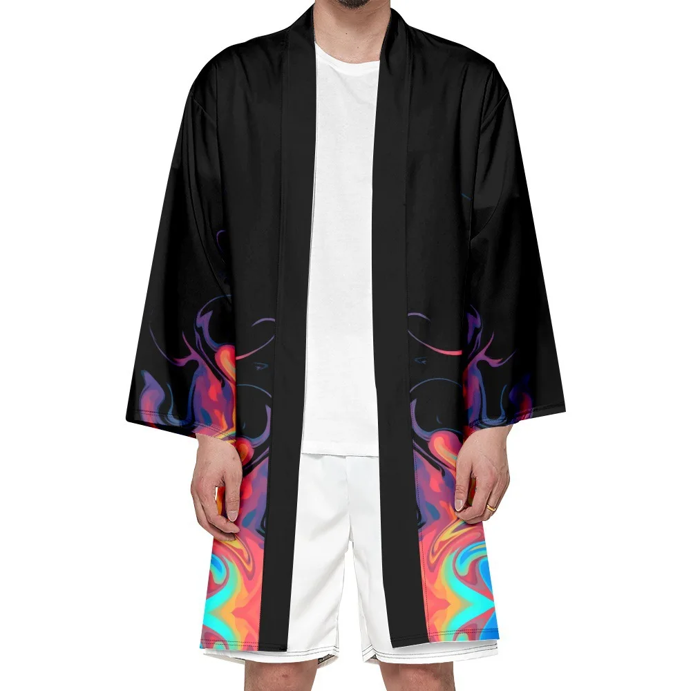 Japanese Traditional Samurai Long Kimono Colorful Fire Flame Cosplay Haori Men Women Cardigan Yukata Shirt Summer Robe