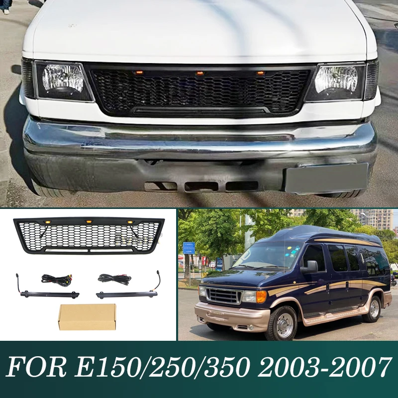 Front Grille With Light Bar Fits For Ford E150 E250 E350 2003-2007 Black Racing Grill