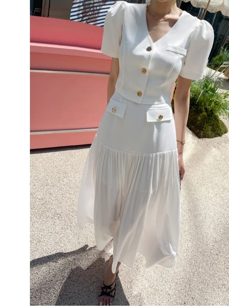 

Шикарный комплект из топа и юбки с короткими рукавами для женщин, модное платье с высокой талией, весенне-летняя повседневная одежда