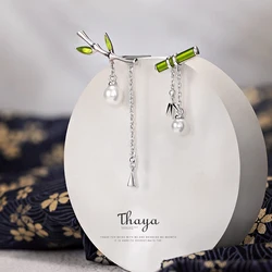 Thaya Trendy Enamel Women Earring Green Bamboo Earring Dangle With Pearl Earring For Women Silver Needle Earring Fashion Jewelry