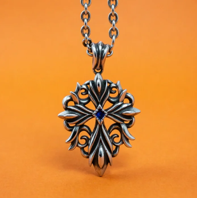 Punk trend, handsome European and American pure silver cross blue crystal heart flame pendant, vintage necklace