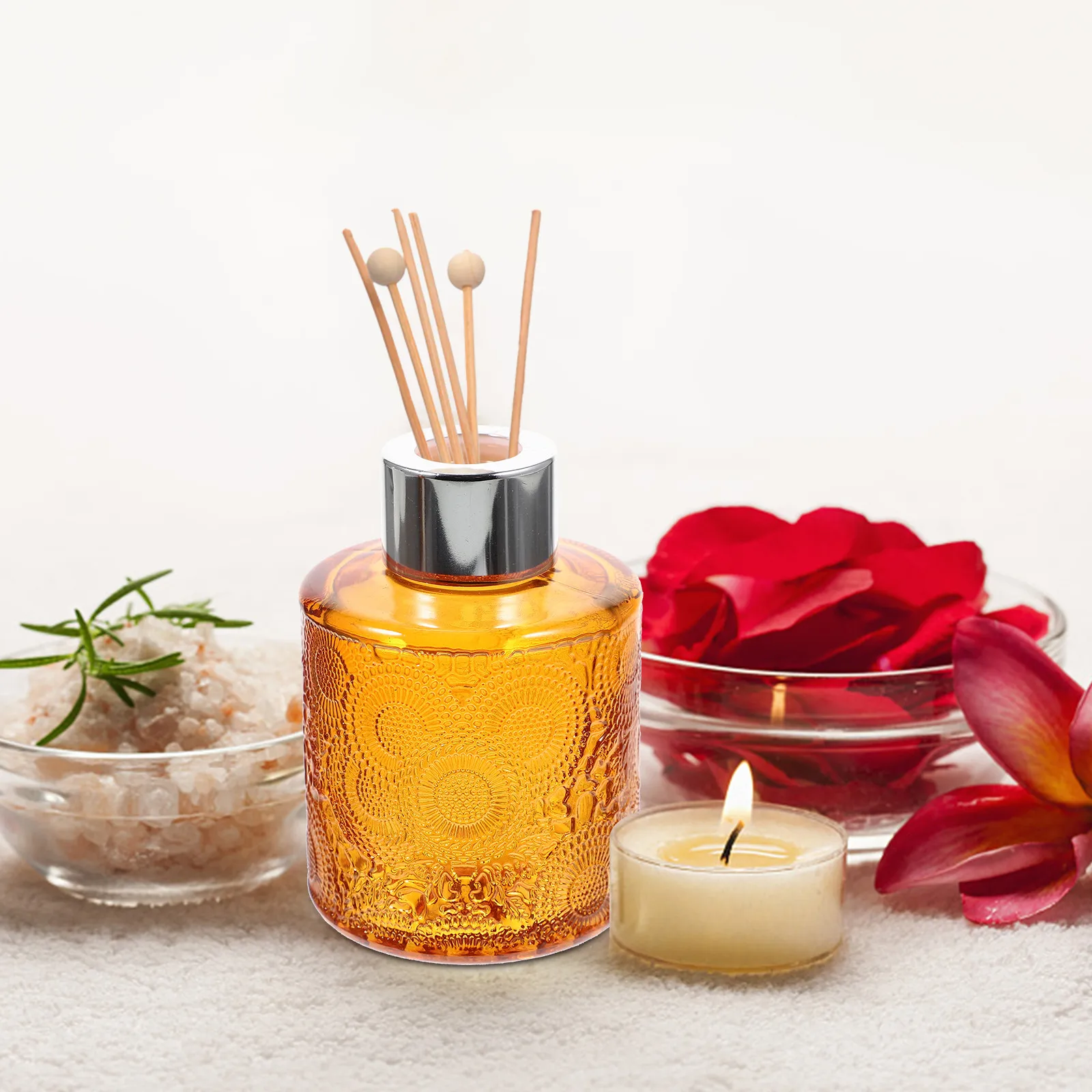 

4Pcs Embossed Glass Aroma Bottles Perfume Container Wide Mouth Dry Flower Holder for Home Office Desktop Fragrance Diffuser