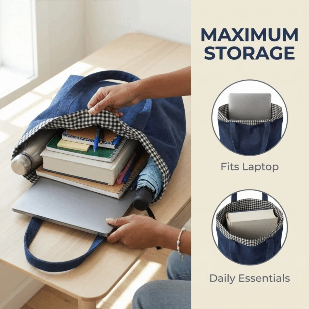 

Soft Cloth Denim Handbag Korean Style Large Capacity Shoulder Bag Blue Grid Canvas Tote Bag Travel