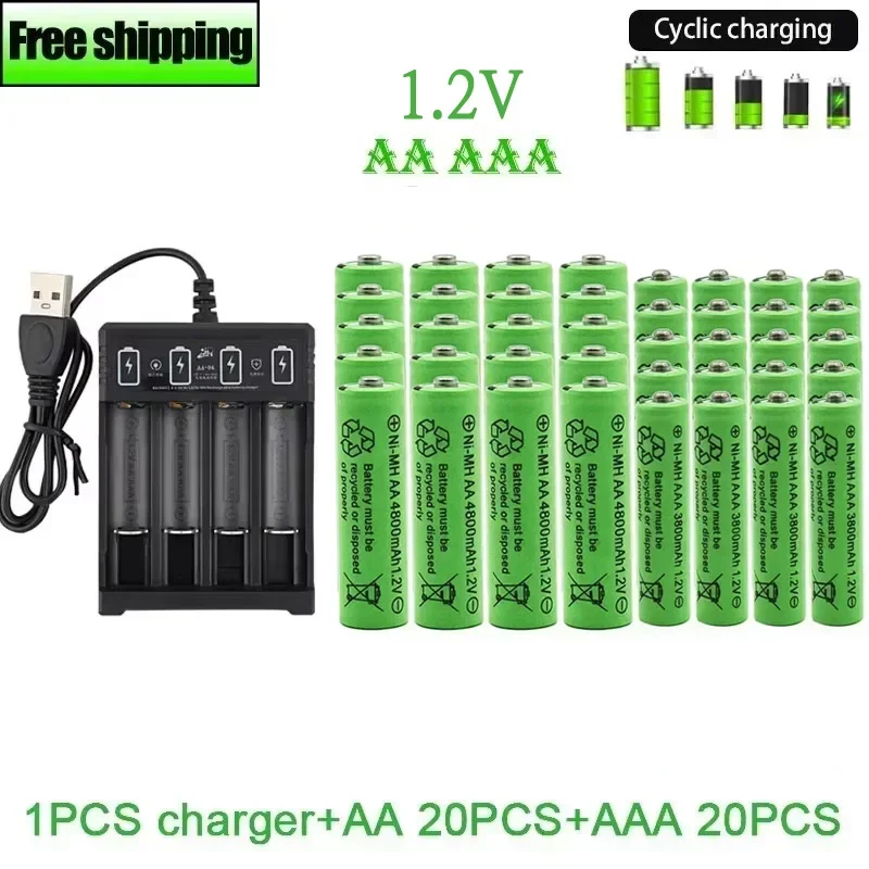 1.2V AA4800mAh+AAA3800mAh+Charger Original Rechargeable Battery for Computer Clock Radio Video Game Digital Camera AA AAAbattery