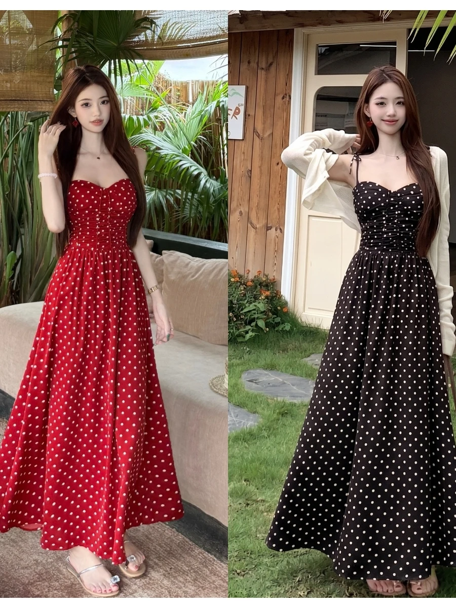 

2026 Summer Vintage plus Size Red Polka Dot Strapless A-Line Long Dress Skin-Friendly Breathable City Commute Suitable