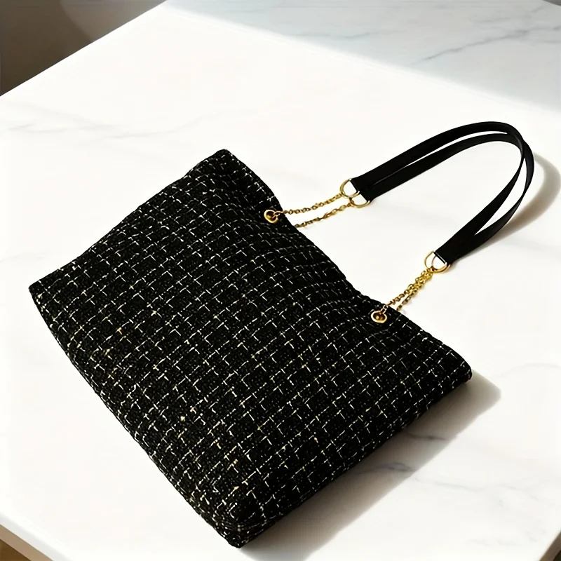 Elegante Damen-Vintage-Tweed-Tragetasche mit Karomuster, elegante Schultertasche mit großem Fassungsvermögen und goldenem Kettenakzent – Detail 6