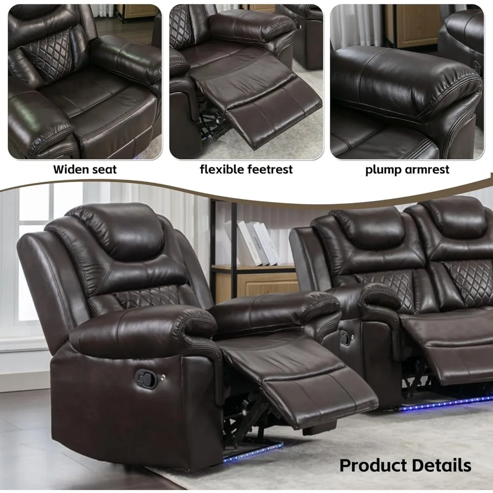 Leather Recliner Chair with Adjustable Backrest, Modern Home Theater Seating with LED Light Strip for Living Room, Home Theater