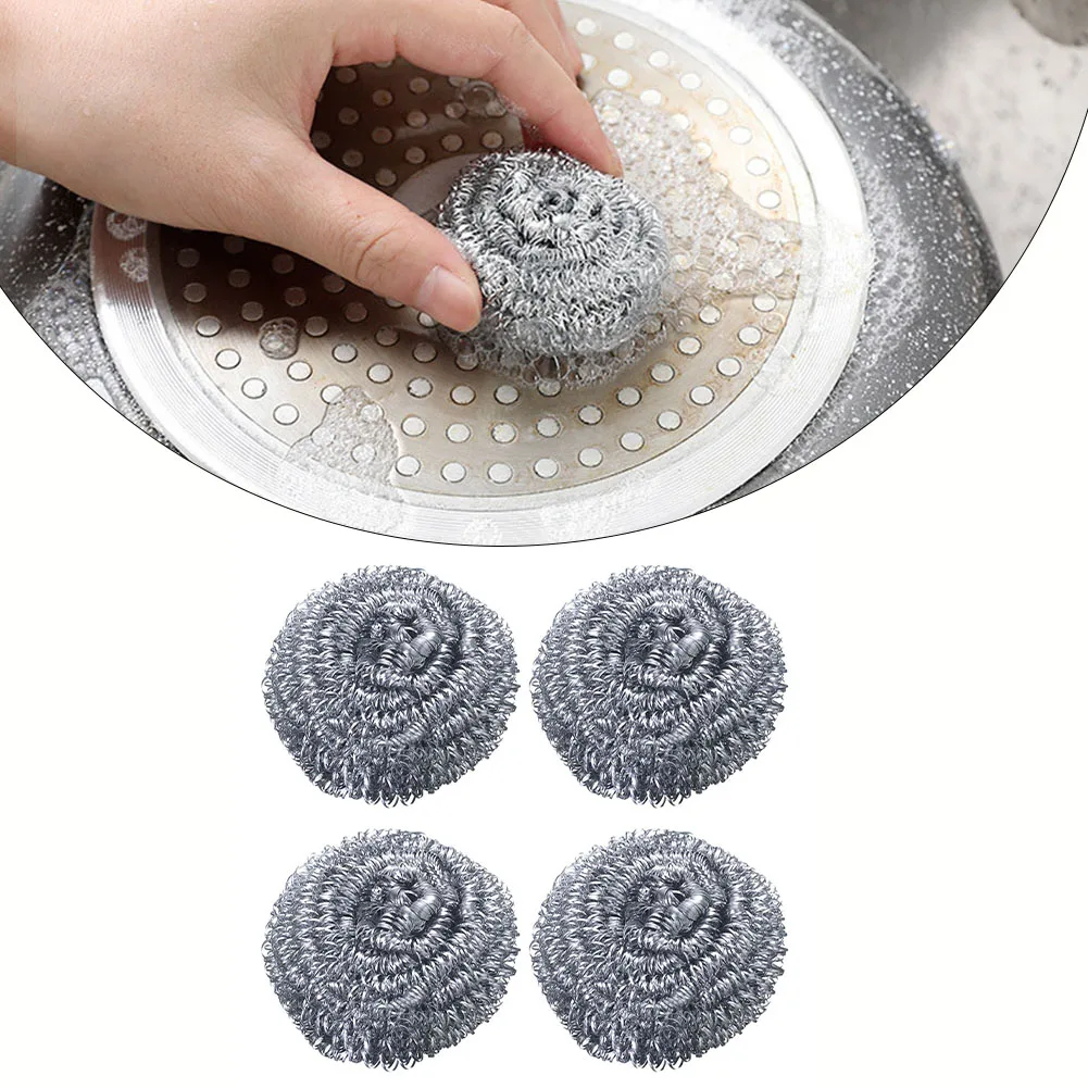 4pcsStainless Steel Clean Ball Kitchen Dish Washing Steel Wire Ball Scourer Steel Wool Scrubber Brush Pot Bowl Clean Steel Brush