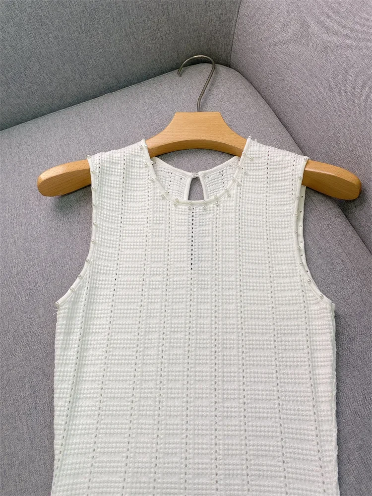 

2025 женское новое стильное белое трикотажное платье с круглым вырезом без рукавов, облегающее вечернее платье, халат миди