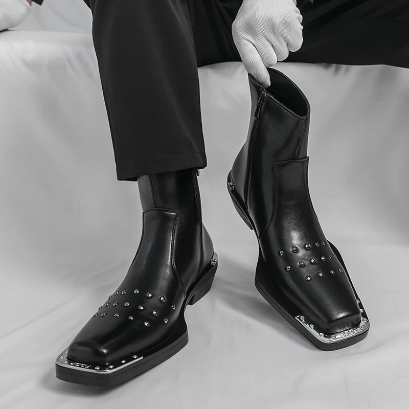 

Men High Top Boots PU Low Heel Trendy Square Head Rivet Decoration Bare Boots Business Banquet Men Boots Size 38-46