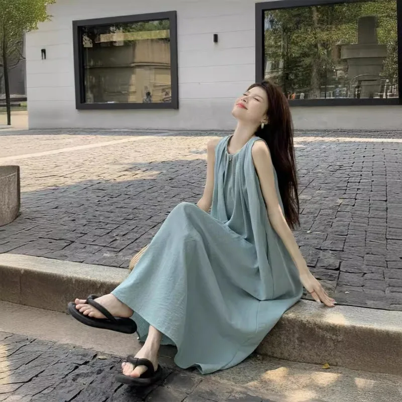 

Прямое платье с открытой спиной для отдыха на море, женская летняя одежда для путешествий Юньнань, свободные подтяжки, пляжная длинная юбка