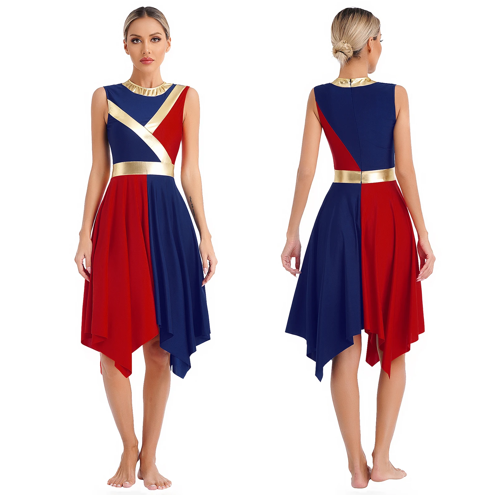 

Womens Worship Liturgical Praise Dance Dress Sleeveless Metallic Color Block Patchwork Robe Dresses Modern Lyrical Dance Costume