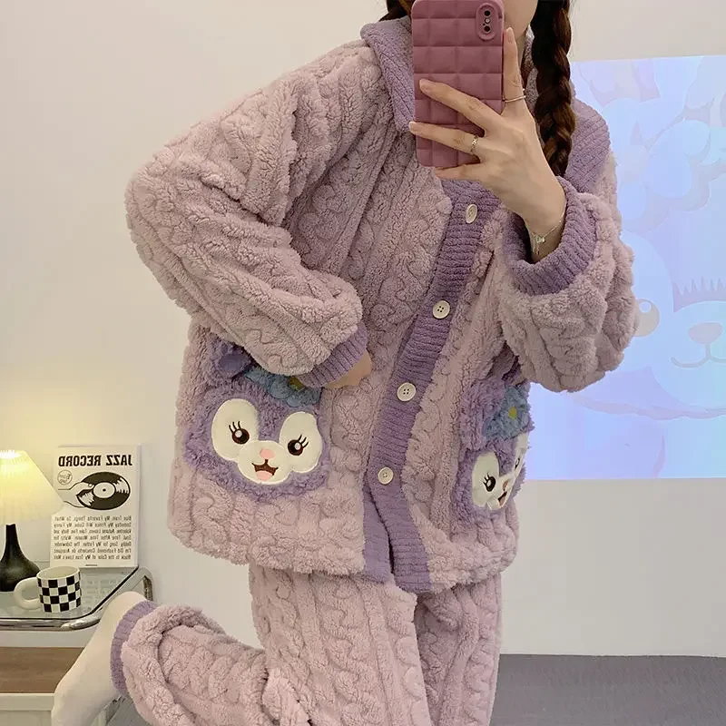 Disney Stellalou Cartoon Cute Girls Autumn and Winter Coral Fleece Thickened Warmth Can Be Weared Outer Home Clothes Pajamas Set