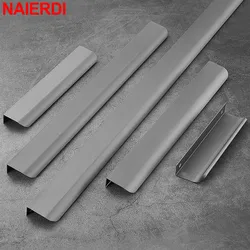 NAIERDI Hidden Furniture Handles Pearl Gray Long Kitchen Cabinet Pulls Punch Free Handles for Cabinets and Drawers Arc Wardrobe