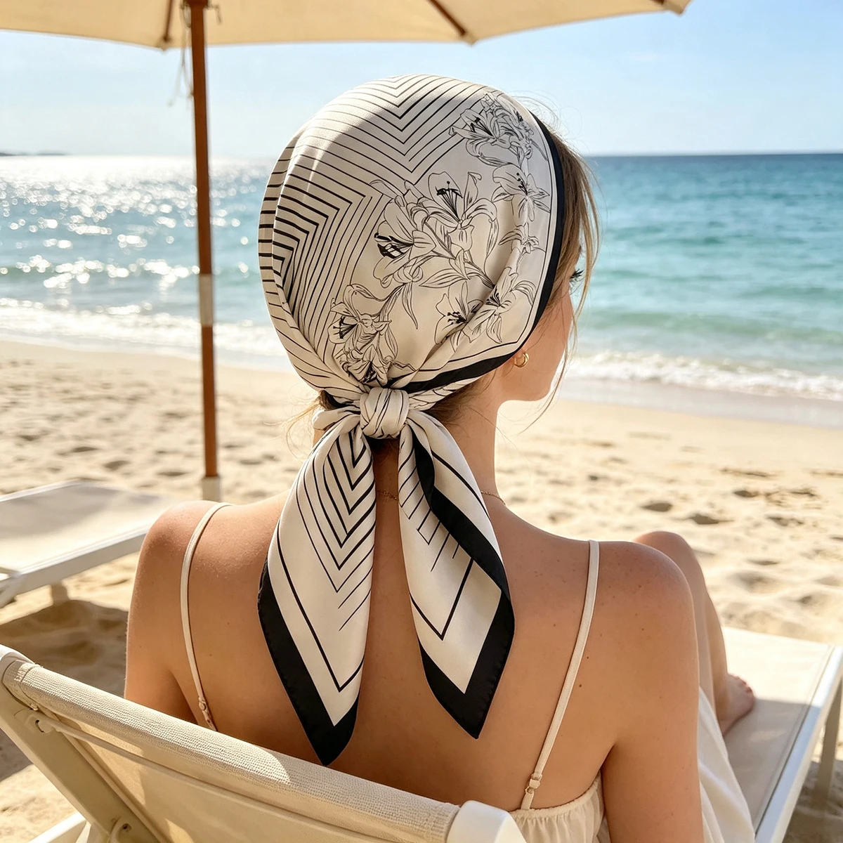Women's Spring Summer Soft Satin Imitation Silk Square Scarf Breathable Floral Print Wrap Neck Scarf with New Stripe Design