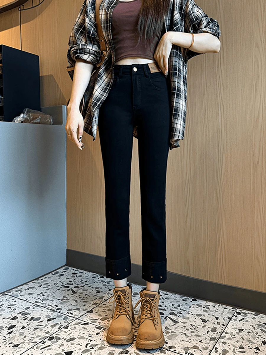 High Waist Black Elastic Denim Jeans Women's plus Size Autumn 2026 Slimming Nine-Piece Straight Tube Pants Ladies Jeans