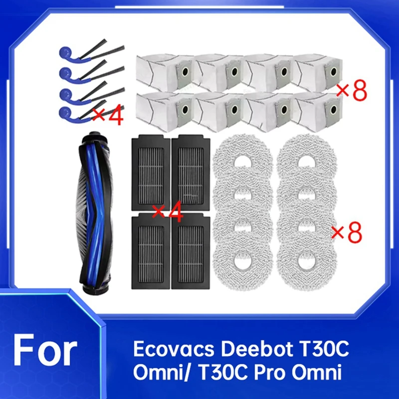 25Pcs Spare Parts for T30C Omni & T30C Pro Omni Vacuum Cleaner Main Brush Mop Pads Dust Bag Side Brushes-DTB3