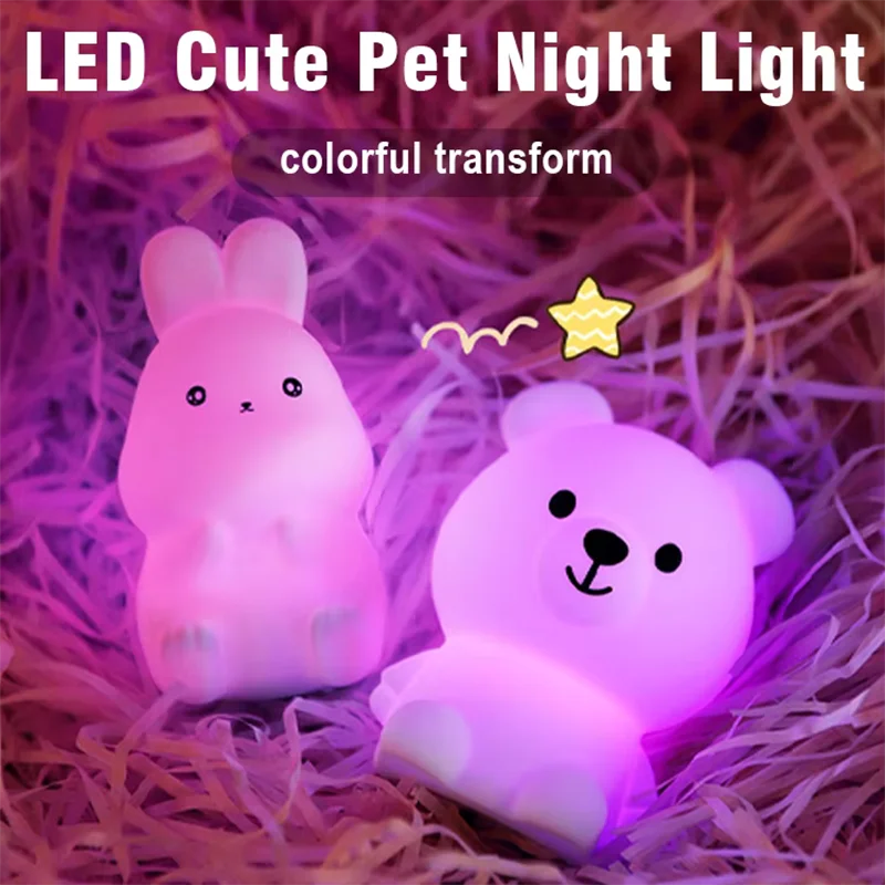 Rabbit Bear Silicone LED Night Light Lamp Cute Touch Control RGB Mood Night Lamp for Home Children