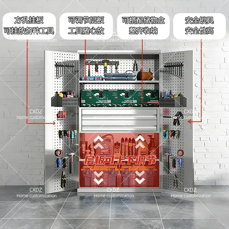 Custom 304 Stainless Steel Tool Cabinet Hardware Storage Auto Repair Workshop Parts Double Door Heavy Duty Organizer