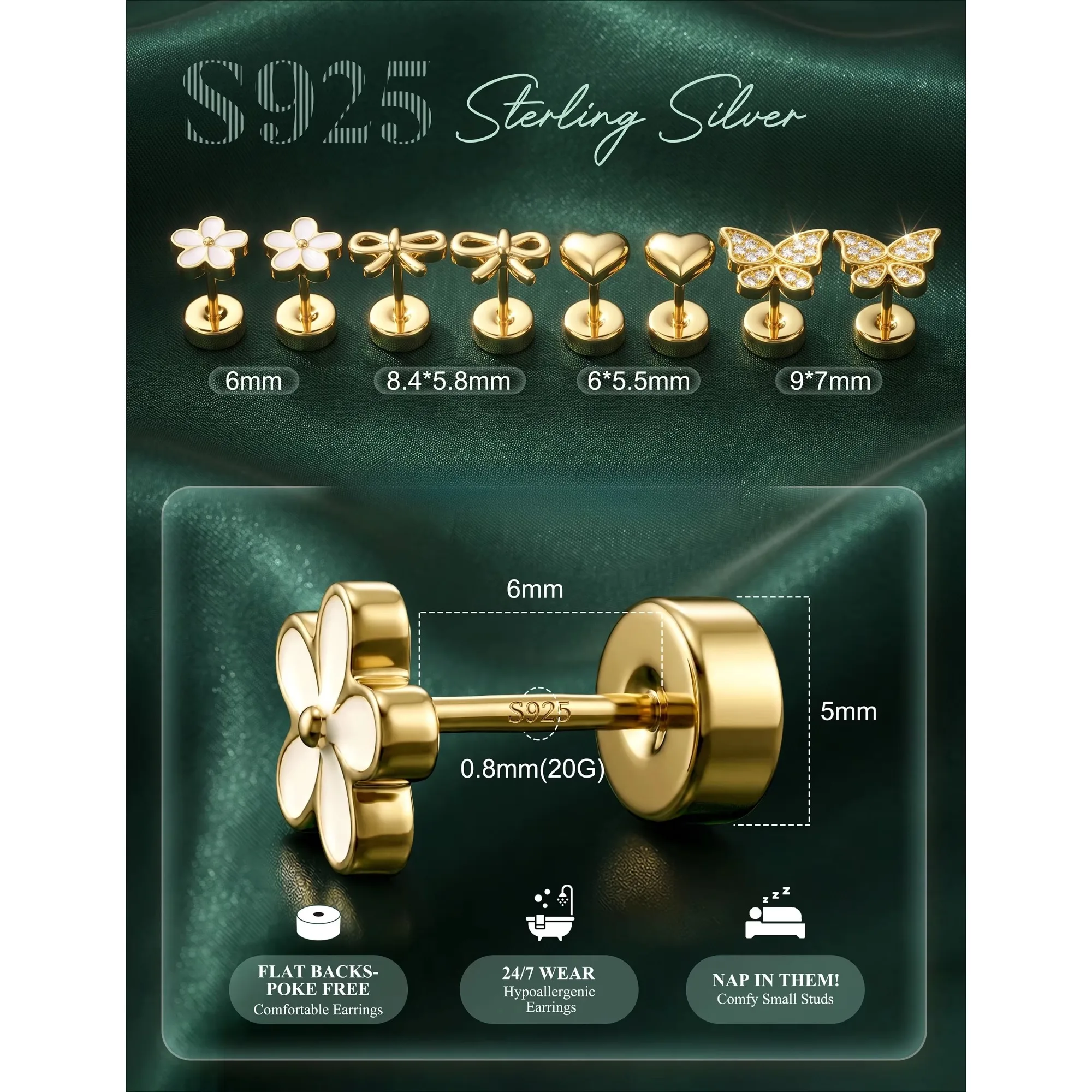 Bobisty 4Pairs  Silver Needle Stud Earrings for Women Flat Back Cute CZ Heart Flower Earrings Cartilage Helix Piercing Jewelry