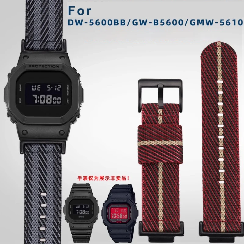 Nylon canvas watch strap for CASIO DW5600 GWb5600 GWM5610 GM5600 blue black gray red cyan khaki men's watchband silver adapter