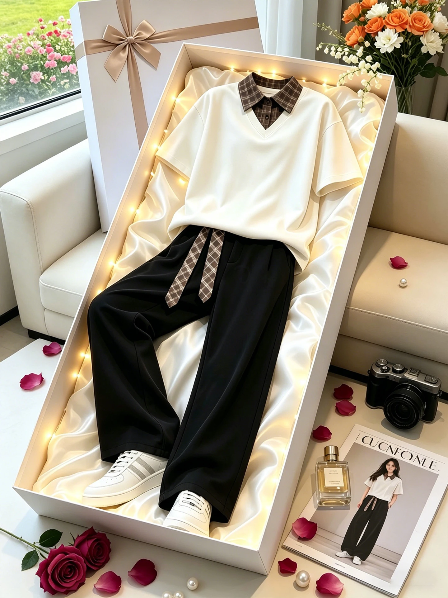 

Teen Boy Summer Casual Plaid Sportswear Set Cool Tie-Band Design Long T-Shirt Short Pants Complete Set Youthful Style