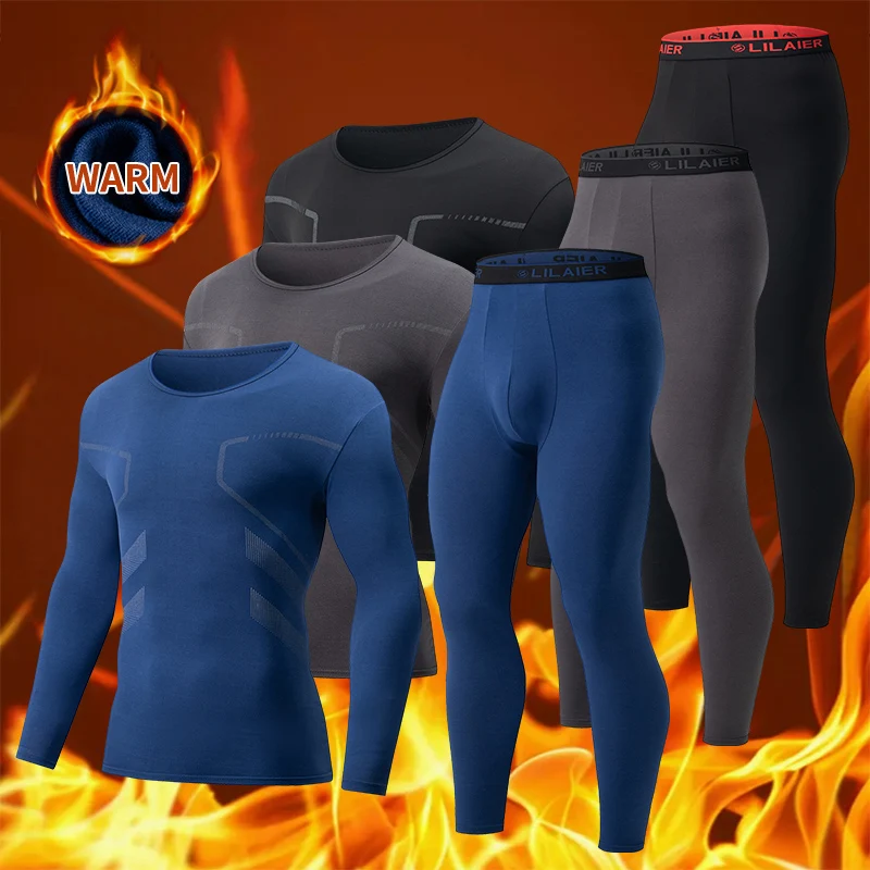 2-piece Men's Autumn And Winter Solid Color Round Neck Fashionable Printed Sports Thermal Underwear Set Simple And Comfortable