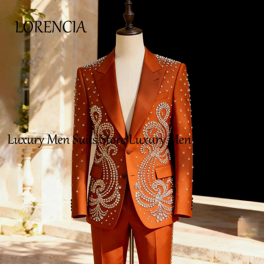 Casual Jewelry Men Suits 2 Pieces Crystal Tuxedos Set Evening Party Outfits Male Prom Customized Blazer Pants Disfraz Hombre