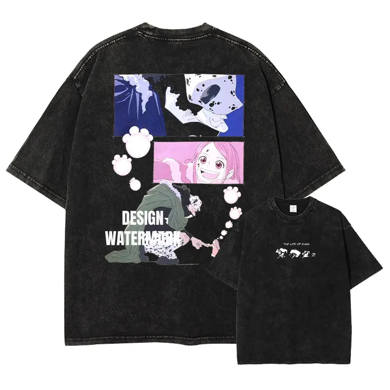 Bandai Anime O-One P-Piece T-shirts Vintage Washed Bonney T Shirt Manga Streetwear Bartholemew Kuma Tops Tees Men 100% Cotton