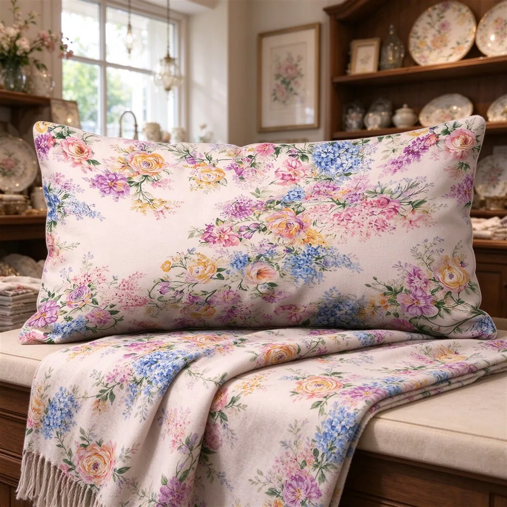 Rose Pink Garden Ditsy Print Long Pillow Cover, English Style, Boutique Decorative, Polyester, Special Occasion, Versatile
