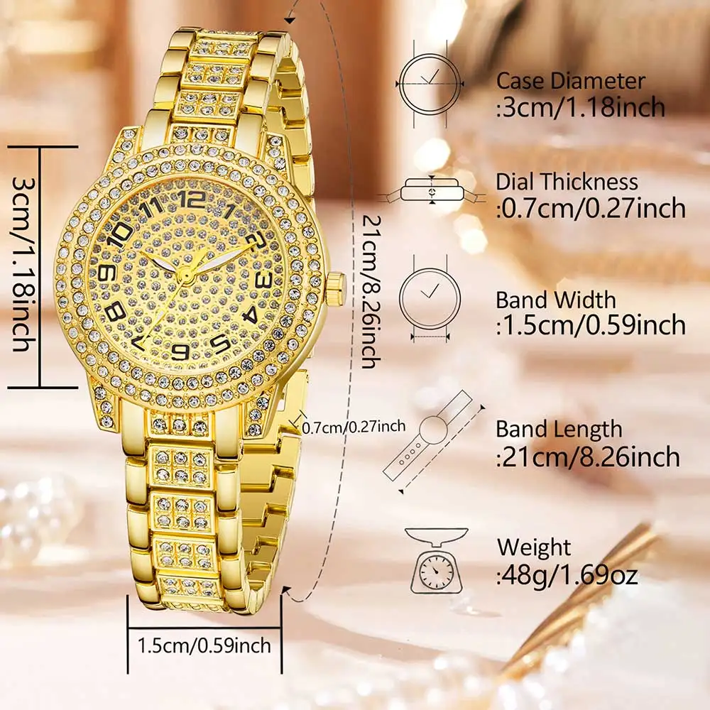 6Pcs Mode Luxus Frauen Uhr Halskette Ohrringe Ring Set Für Frauen Strass Armbanduhr Armband Set Valentinstag Geschenk – Detail 5