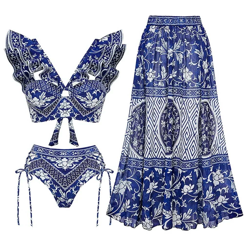 2024 nuevo traje de baño de gama alta diseño de nicho 2 uds estampado Floral volantes adelgazamiento vacaciones Sexy primavera caliente traje de baño de una pieza para mujer