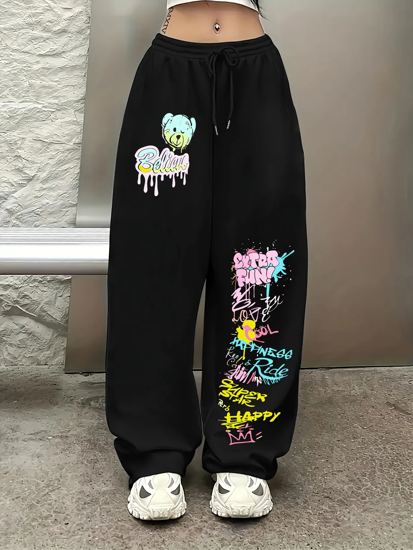 Women's Casual Sportswear Pants with Bear Graffiti Print and Letter Elastic Band Waist and Drawstring Winter Sportswear Pants