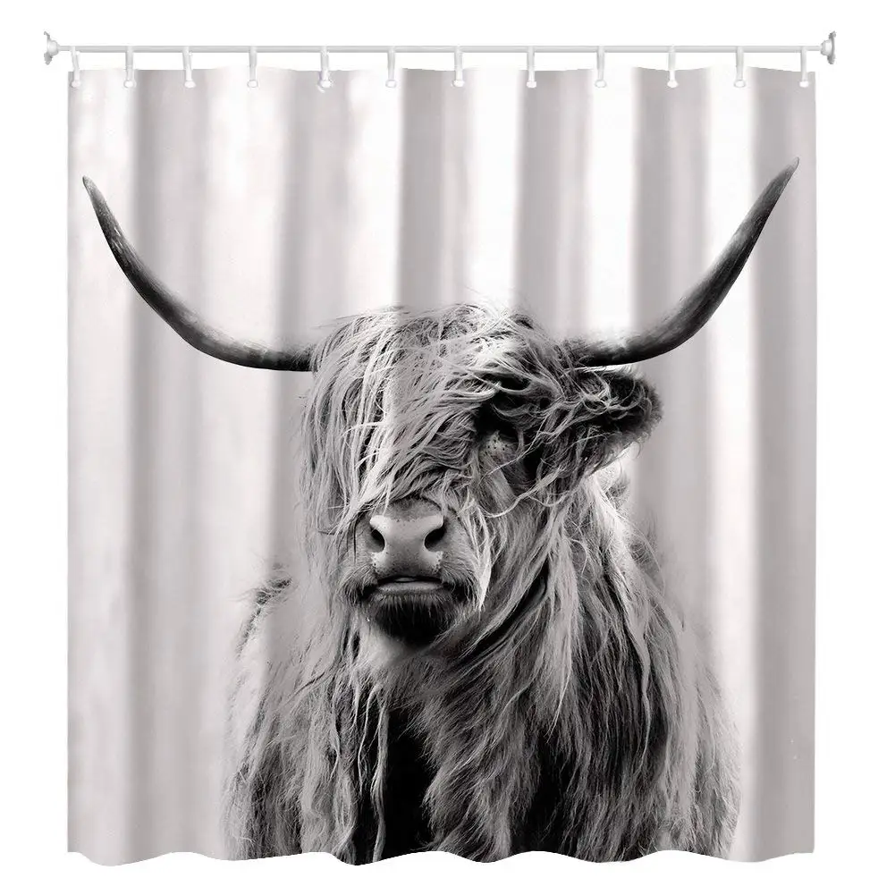 Highland Cow Bull Shower Curtain Naked Grey Western Farmhouse Funny Cute Modern Fashion Polyester Fabric Waterproof with Hooks