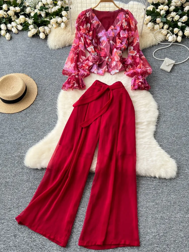 Casual Vintage Women Pantsuit V-Neck Floral Print Chiffon Tops Lace-up Wide Leg Trousers Suit Chic Female Clothes 2 Pieces Set