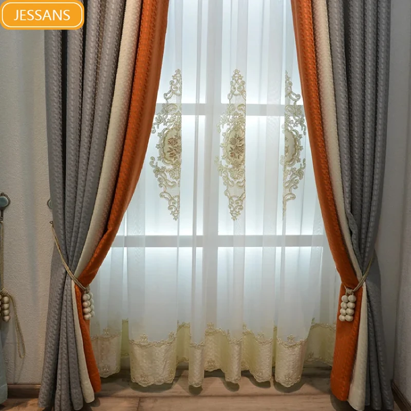 Jacquard Tricolor Thickened Splicing Blackout Curtains for Living Room Bedroom French Window Balcony Customized Floating Window