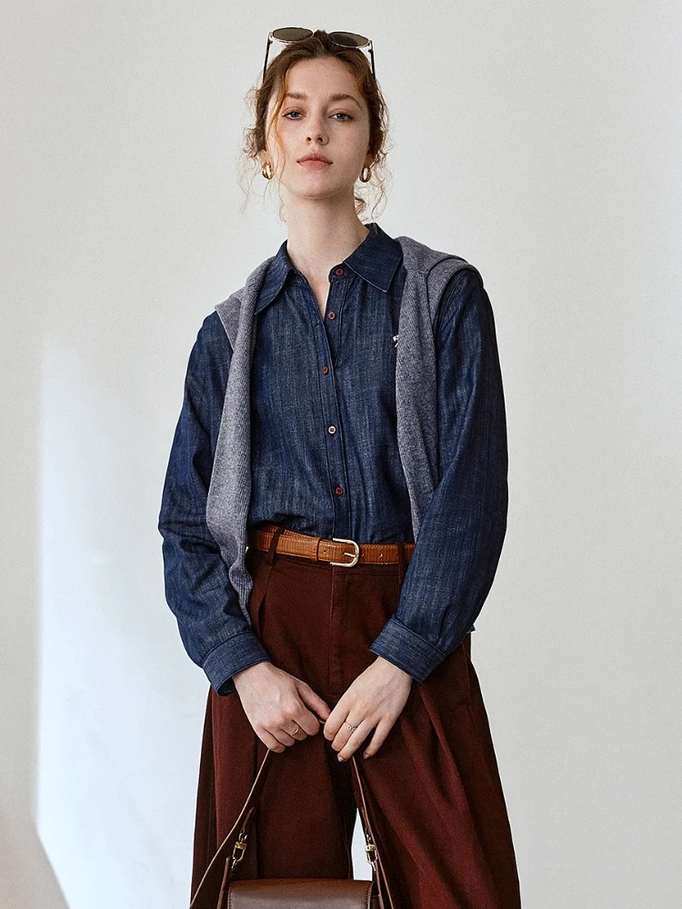 

Olrain Women's Denim Shirt Solid Asymmetrical Hem Casual Embroidery Blouse 2025 Autumn Female Long-sleeve Tops O57QC000391