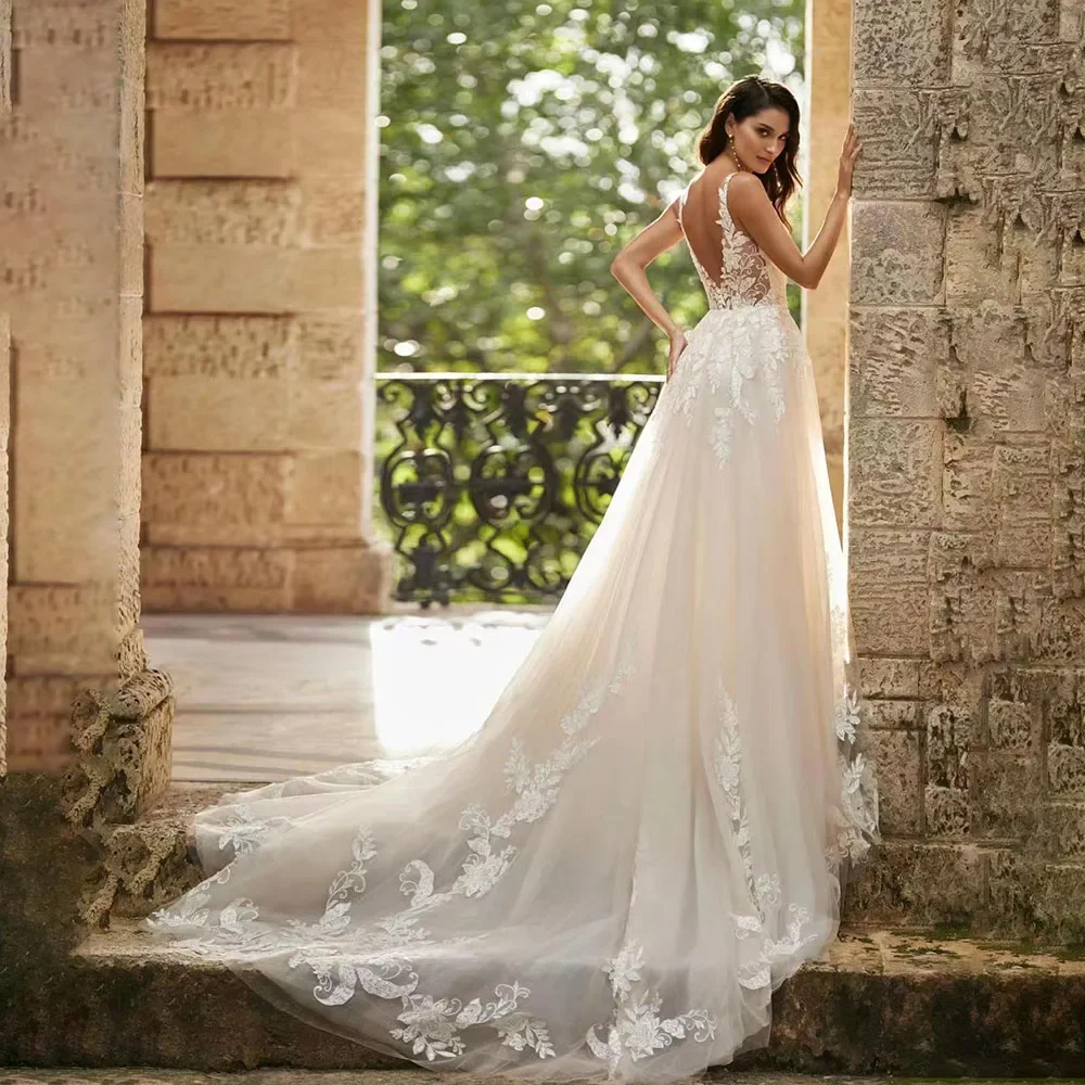 Flavinke customized Boho Wedding Dresses For Women V-Neck Sleeveless Bride Dress Lace Appliques Princess vestidos de novia 2025