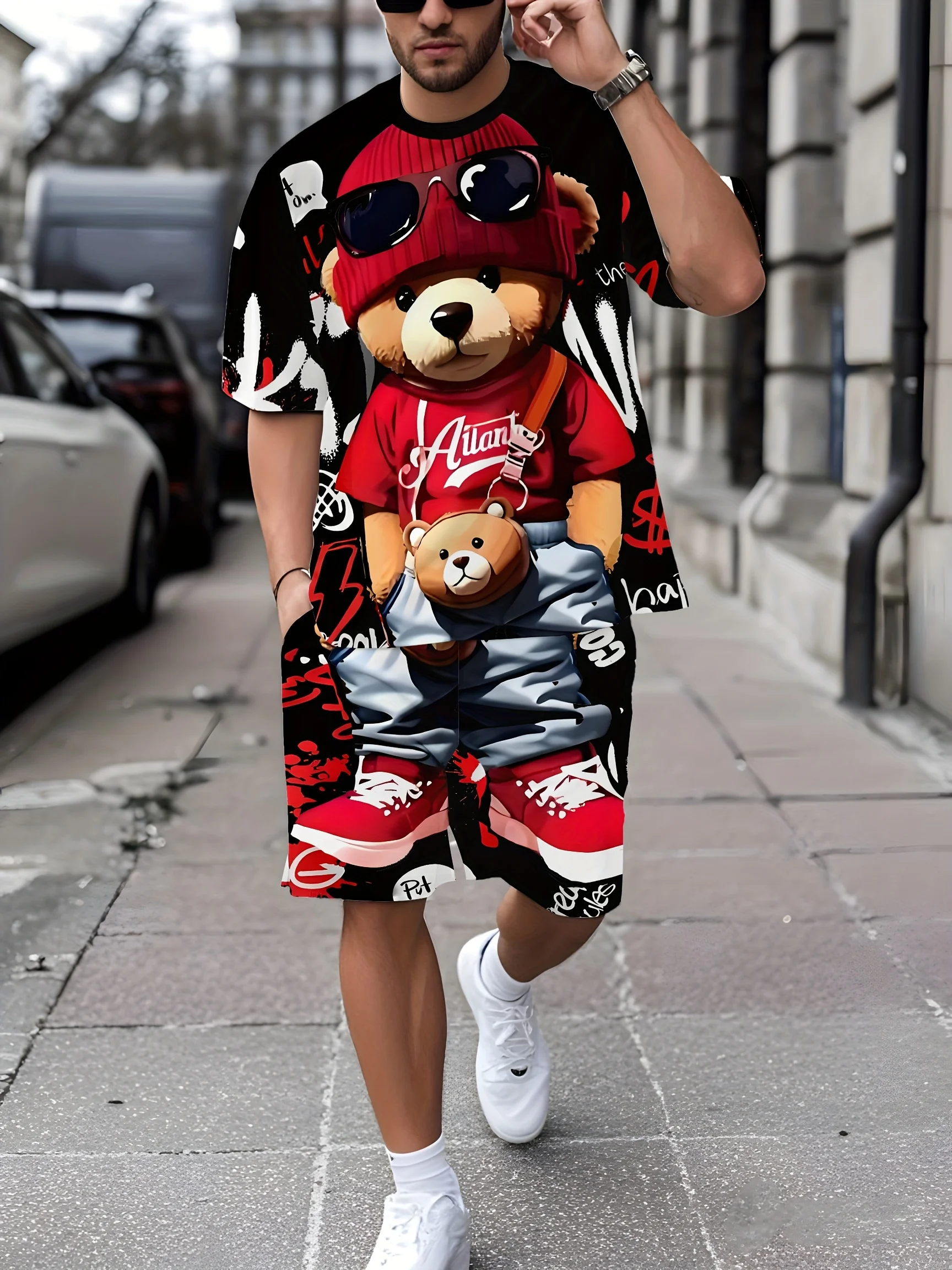 2026 Summer New Men's Suit with Bear Print Breathable Lightweight Casual and Fashionable Outdoor Men's Clothing