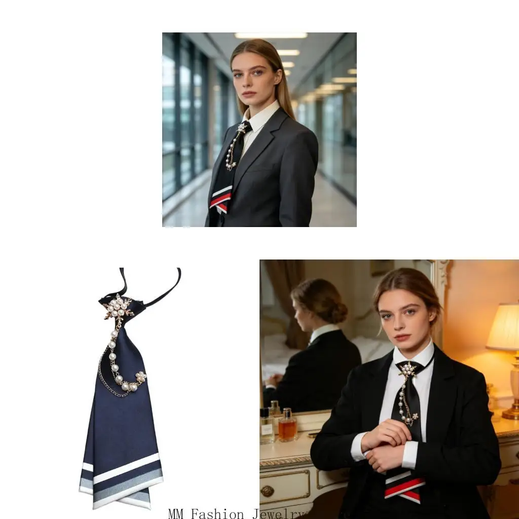 Women's Ready-Loop Necktie with Chain Brooch Uniforms Tie for Office Styling D0UB