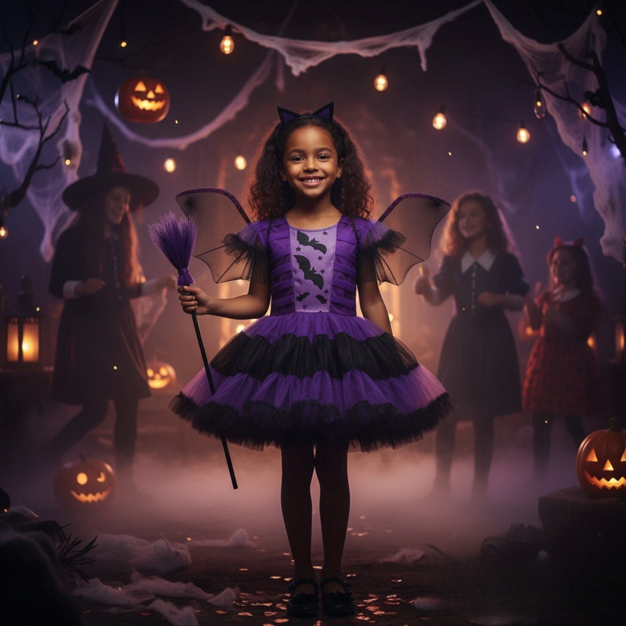 2-12T Halloween Costume for Kids Girls Purple Bat Dress Carnival Vampire Costume Witch Cosplay Clothes Carnival Party Gifts