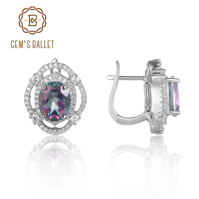 

GEM'S BALLET 925 Sterling Silver Birthstone Earrigns 8x10mm Oval Rainbow Mystic Topaz Antique Clip Earrings For Women