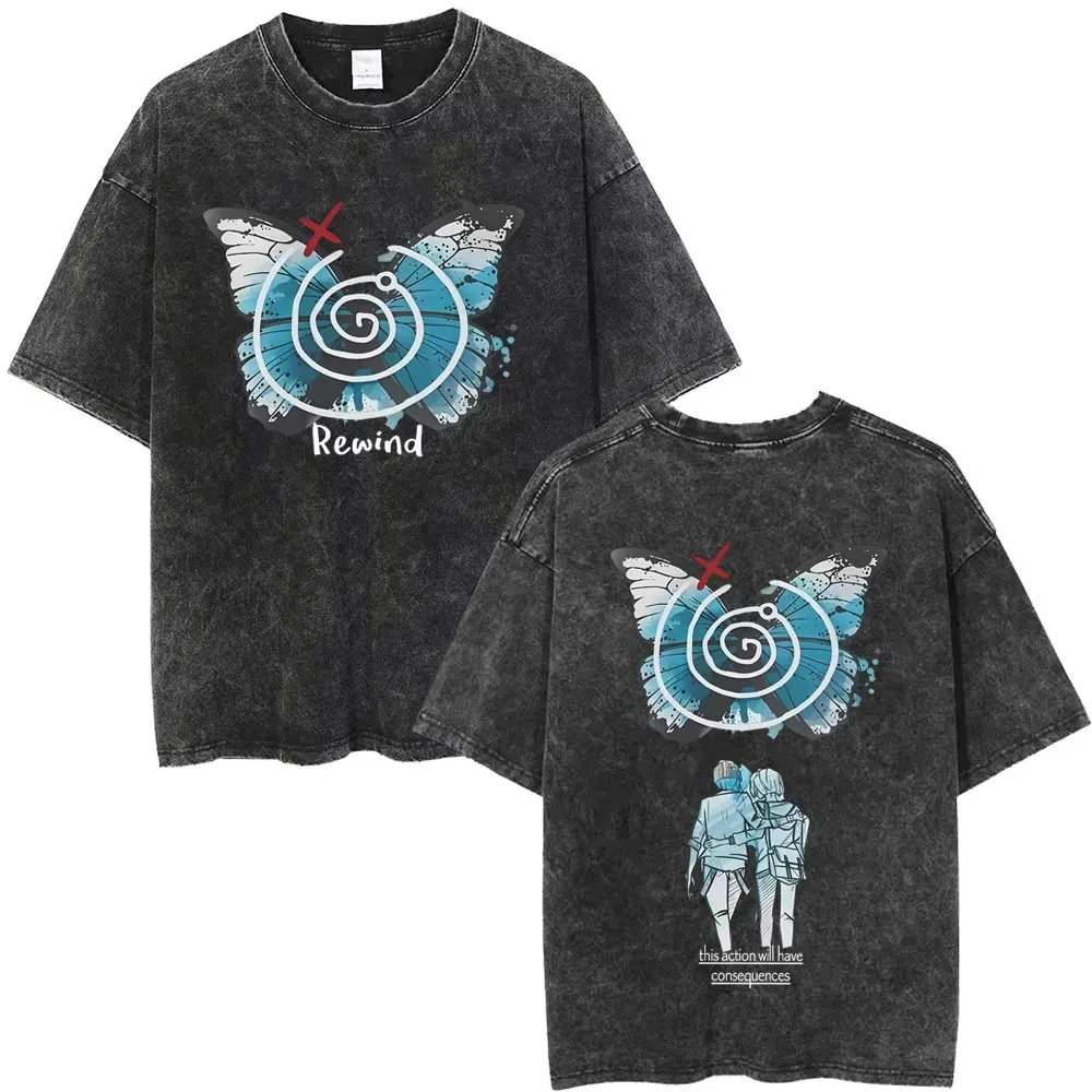 

Washed Vintage Game Life Is Strange Butterfly Graphic T Shirt Men Women Casual Retro Oversized Short Sleeve T-shirts Streetwear