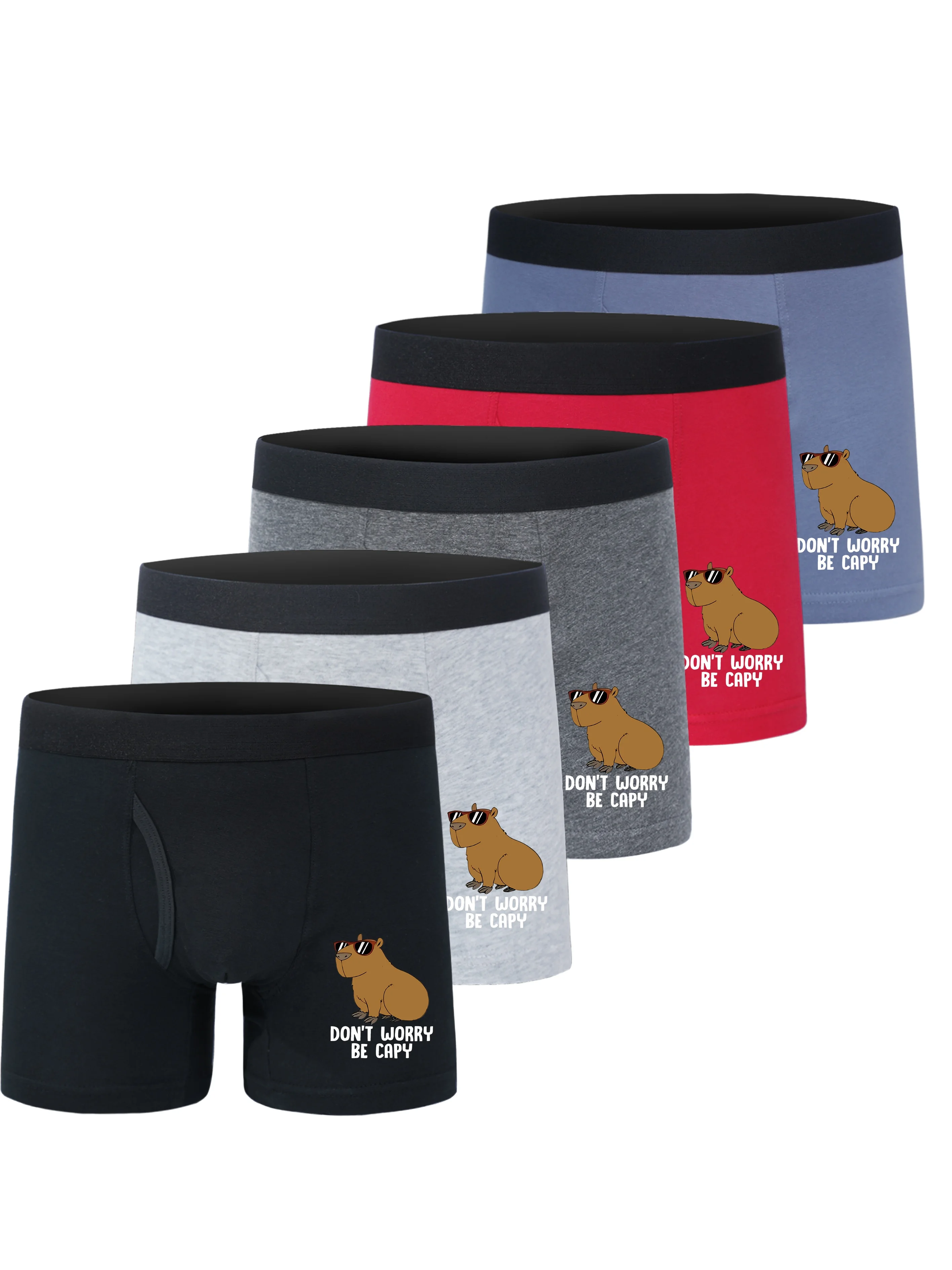 5Pcs Boys Open Crotch Boxer Briefs Cotton Kids Underwear Cute Capybara Print Don't Worry Be Capy Letter Graphic Soft Breathable