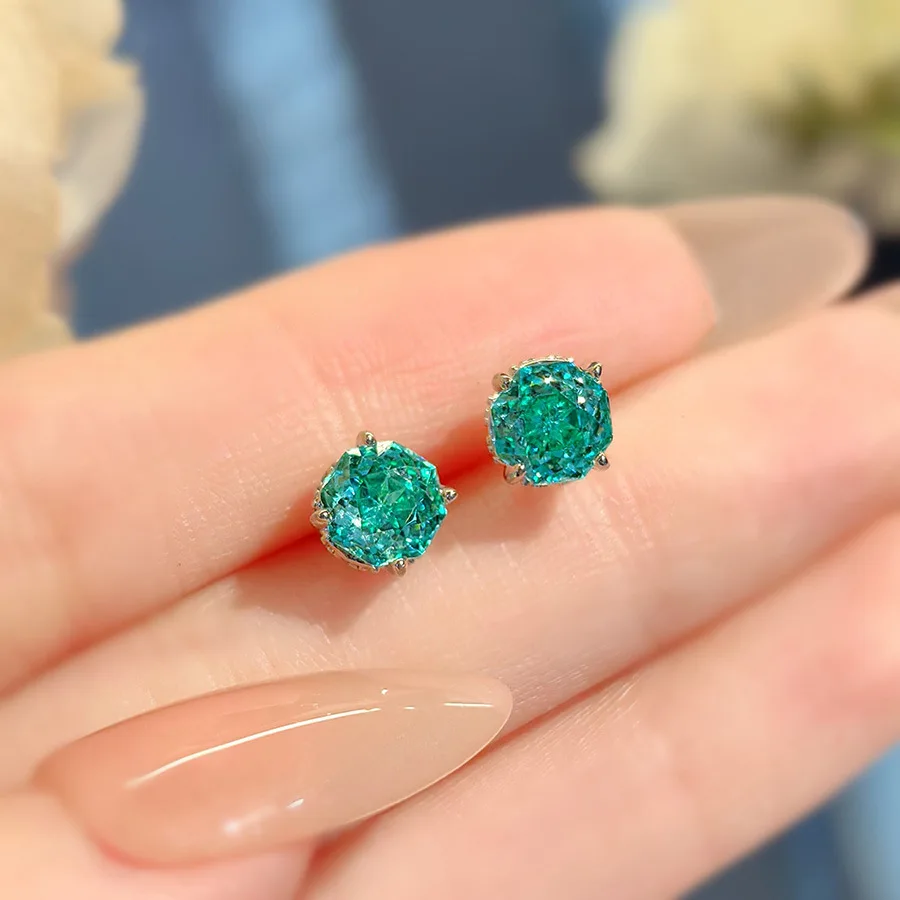 2ct Octagon Rose Cut Natural Green Paraiba 925 Sterling Silver Stud Earrings for Women Statement Gemstone Jewelry Birthday Gift