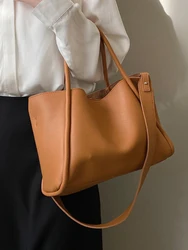 Retro Soft Leather Tote Bag 2024 New Solid Color Simple Commuting Handbags Autumn Winter Women Large Capacity One Shoulder Bags