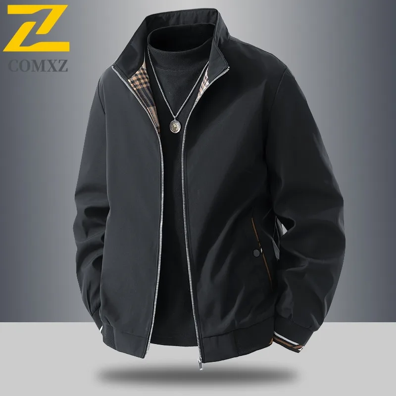 COMXZ Men Jacket 2025 Business Casual Solid Color Stand Collar Hiking Travel Lightweight Breathable Outerwear Windbreaker Coat